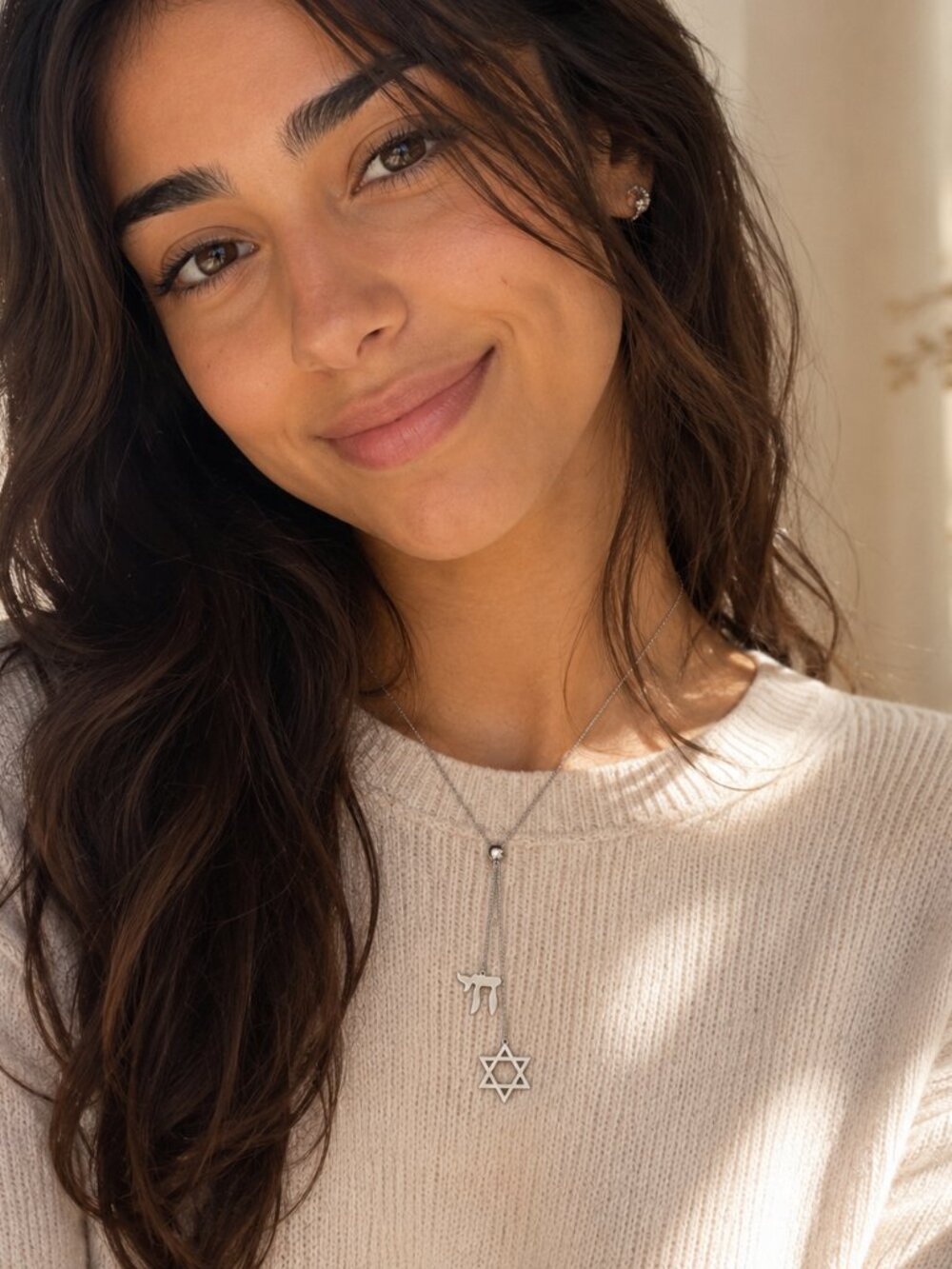 Chai & Star of David Lariat Dual Necklace Set Jewish Hebrew Judaica Pendant NW - Picture 3 of 5